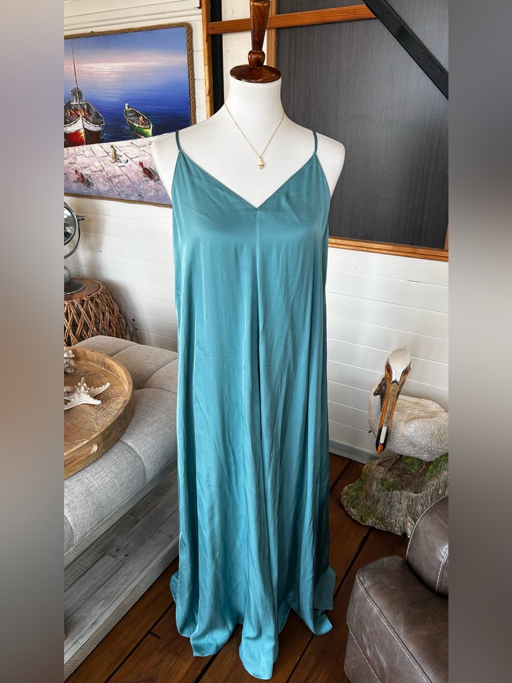 Philosophy Teal Satin V-Neck Maxi Slip Dress Size Small NWOT